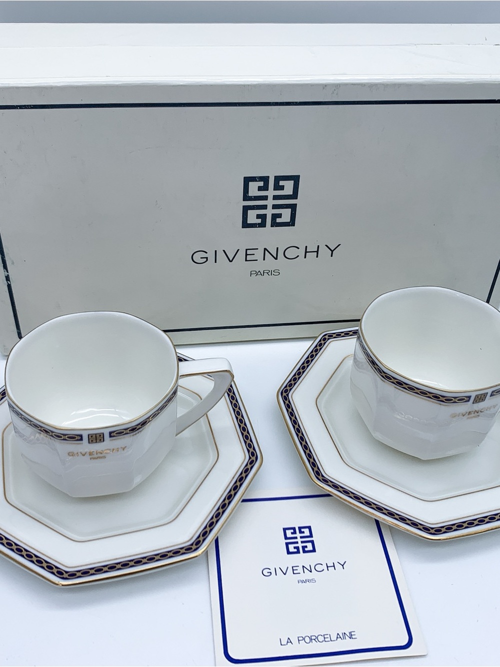 Vintage Givenchy Paris Octagonal Cup Saucer Set Navy Gold Trim